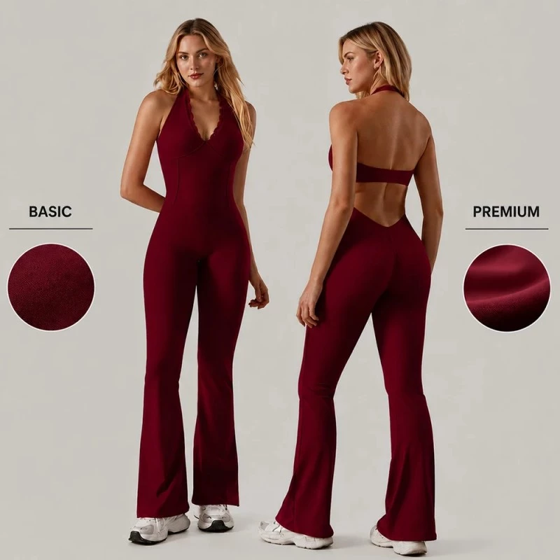 Lace Neck Strappy One Piece Flare Pants Yoga Pilates Wear Jumpsuit